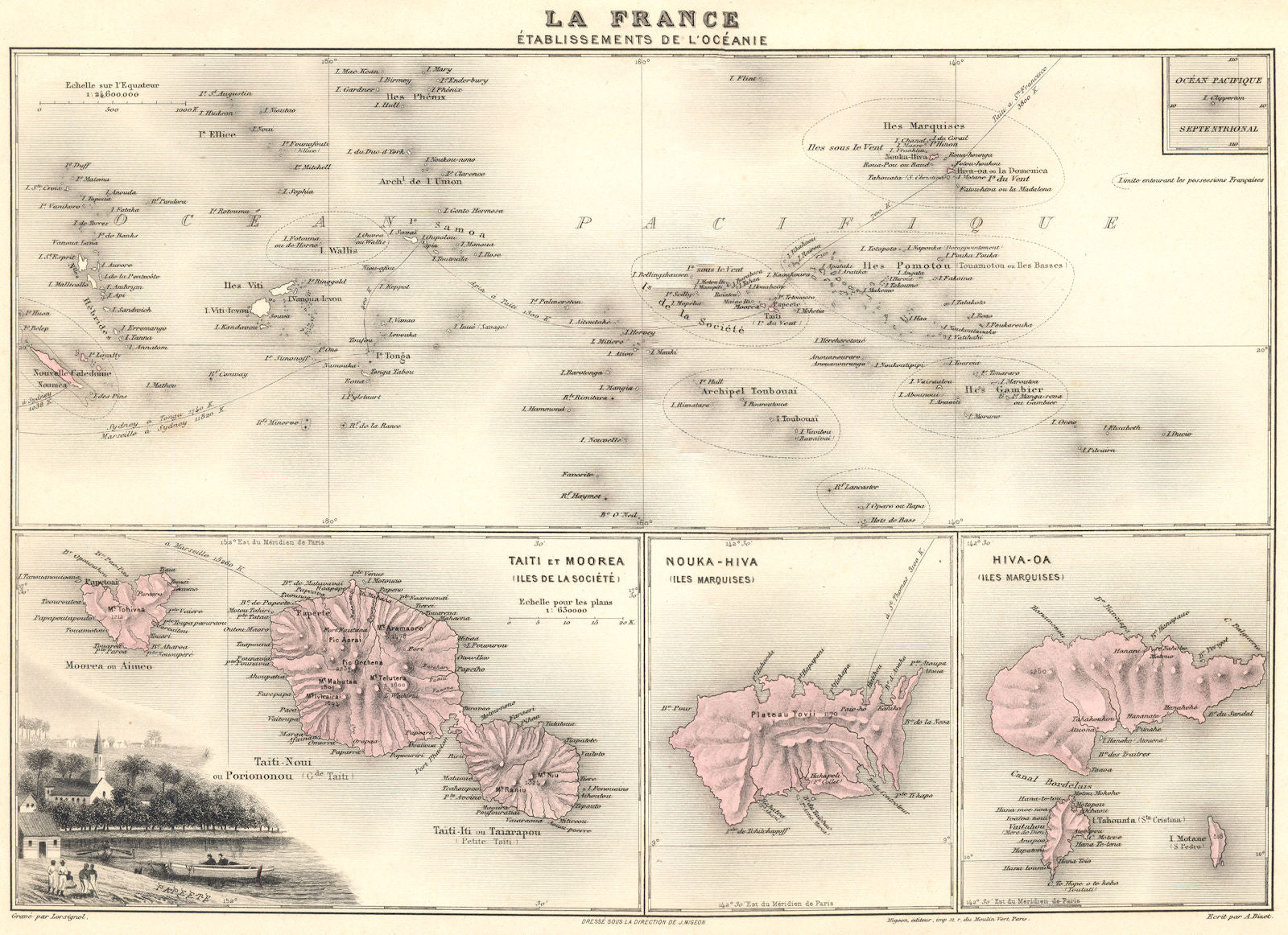 POLYNESIA. Océanie;Tahiti Moorea;Nouka-Hiva-Oa.Papeete. Vuillemin. 1903 map